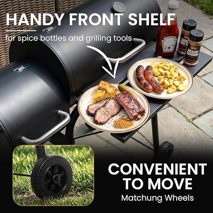 Dopinmin BBQ Charcoal Grill, Outdoor Heavy Duty Cooker oven Barbecue Grill with Offset Smoker & Thermometer, Wheels and Tray for Patio Balcony Picnics, Party and Camping