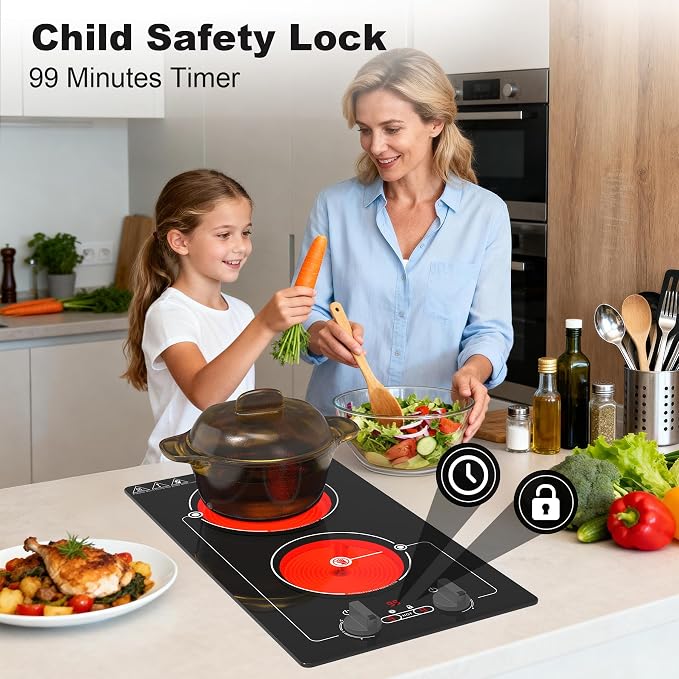 VBGK Electric cooktop, Built-in Design and CountertopStove Top with Knob Control&Touch Control,9 PowerLevel, Timer & Kid Safety Lock,110-120V 2100W 2burner Electric cooktop