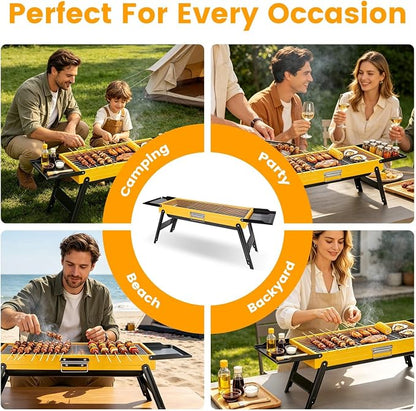 Portable Charcoal Grill Stainless Steel, Small Foldable BBQ Suitcase with Portable Side Shelves & Heat Resistant, Lightweight Tabletop Barbecue for Camping Picnic Backyard Beach Travel