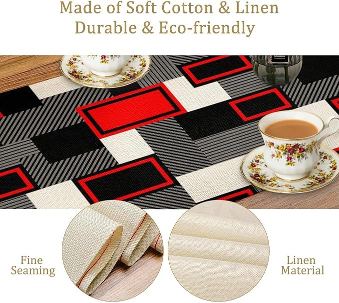 Red Gray Black Table Runners for Tabletop Decorations Mid Century Modern Abstract Geometry Lattice for Dinning Holiday Party Indoor Outdoor Decor, Abstract Lines 13x120in