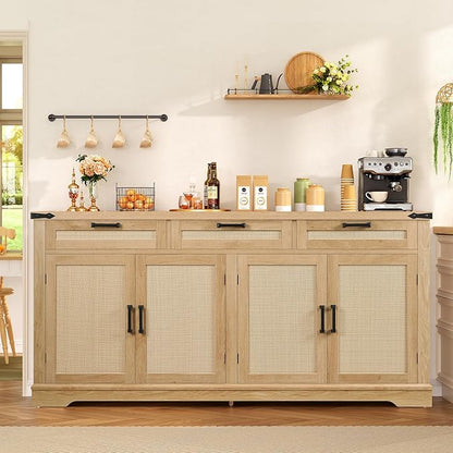 usikey 61” Large Buffet Cabinet with Storage, Sideboard Cabinet with 4 Doors and 3 Drawers, Farmhouse Buffet Table, Dining Room Storage Cabinet for Kitchen or Living Room, Natural