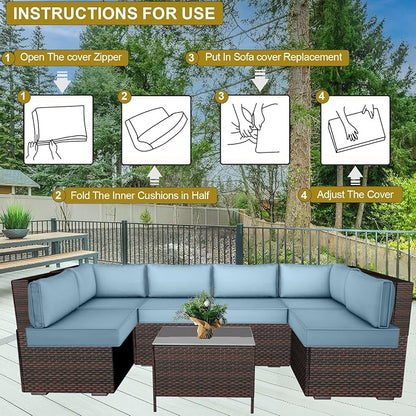 14 Piece Outdoor Patio Cushion Cover Replacement, Waterproof Patio Cushion Covers, Outdoor Furniture Cushion Covers Set for 6 Seat Wicker Rattan Sofa (Light Blue)