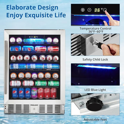 GarveeHome 24 in Beverage Refrigerator, 5.1 Cu.Ft Beverage Fridge, 166 Cans Capacity Drink Fridge with 36～60°F Adjustable Digital Temperature Control Compressor and Safety Lock
