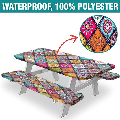 Boho Floral Picnic Fitted Tablecloth with Benches Covers, 3-pc Set, Flowers and Leaves Boho Camping Picnic Tablecloth Cover with Elastic Edge for Indoor/Outdoor/Patio, 72x28 in, Pink Blue