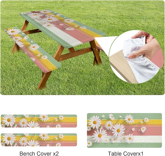 FOREVER QUEEN Picnic Table Cover with Bench Covers 72in,Waterproof Windproof Fitted Tablecloth,Spring Daisy Floral Camping Essentials with Drawstring Bag for Patio,Park & Backyard