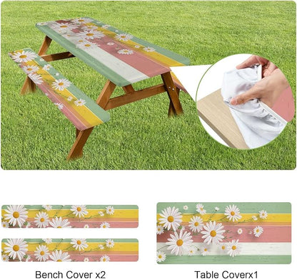 FOREVER QUEEN Picnic Table Cover with Bench Covers 72in,Waterproof Windproof Fitted Tablecloth,Spring Daisy Floral Camping Essentials with Drawstring Bag for Patio,Park & Backyard