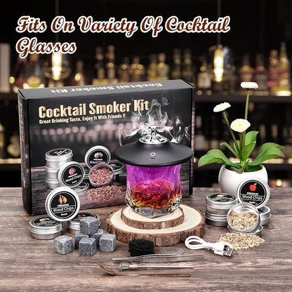 Electric Whiskey Smoker Kit, Old Fashioned Smoker Kit with 8 Wood Chip, Cocktail Smoker Kit with Whiskey Stone, Drink Smoker Gift Set for Birthday, Bourbon Whiskey for Men, Dad, Husband