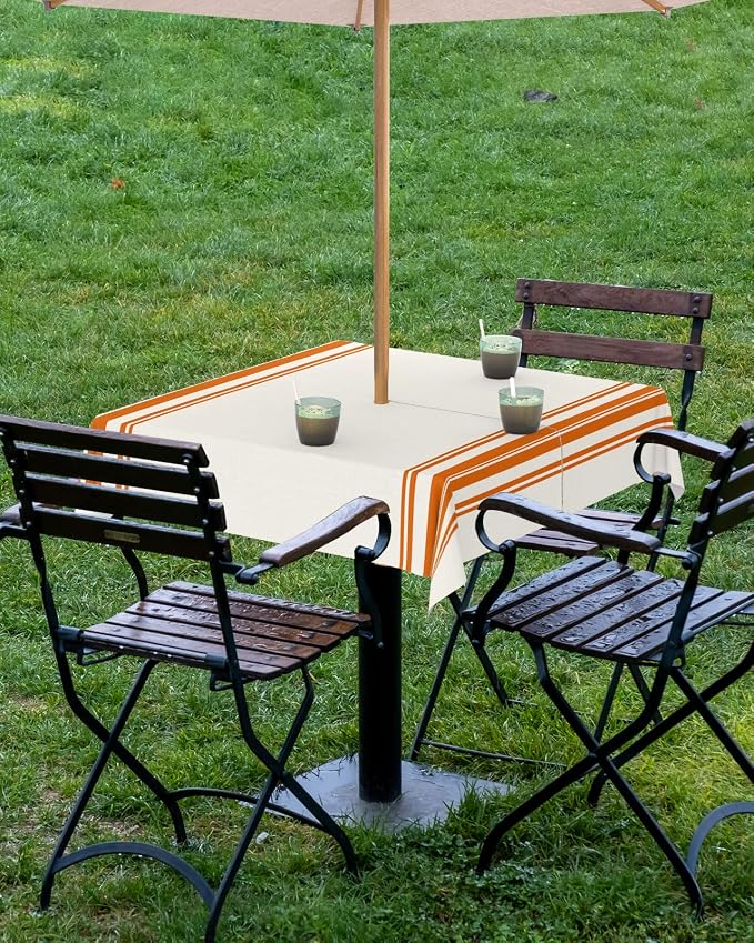 QueenKer Fall Outdoor Tablecloth with Umbrella Hole, Farmhouse Orange Stripe Square Tables Zippered Table Cloth Waterproof Tabletop Table Cover Collection for Patio, Garden, Picnic, Camping, Dining