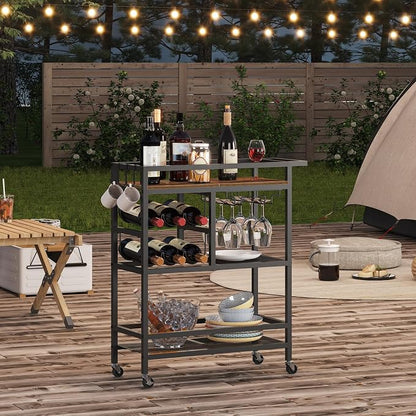 MAHANCRIS Bar Cart for Home, 3-Tier Serving Cart with Wheels and Handle, Beverage Cart with Wine Rack and Glass Holders, Rolling Wine Cart for Kitchen, Dining Room, Rustic Brown RCHR6101