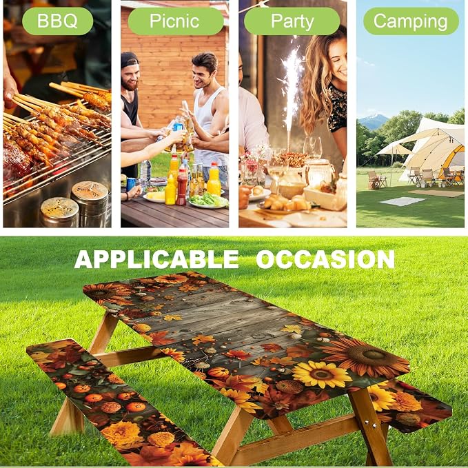ANNA QUEEN Autumn Harvest Picnic Table Cover Set, 6FT Rustic Fall 3PCS 72"x30" Waterproof Tablecloth with Bench Covers for Camping Thanksgiving & Outdoor Events