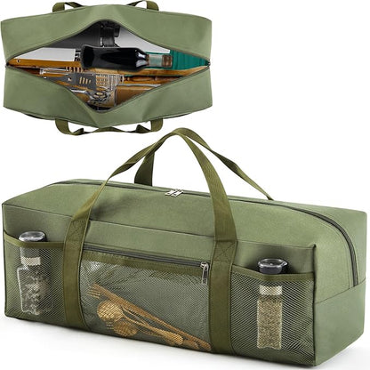 24" Grill Tool Storage Bag, Heavy Duty Waterproof BBQ Tools Bag, 24" x 8" x 8", Large Grill Utensil Storage Caddy with Pockets, BBQ Accessories for Outdoor Barbecue, Camping, Hiking(Green)