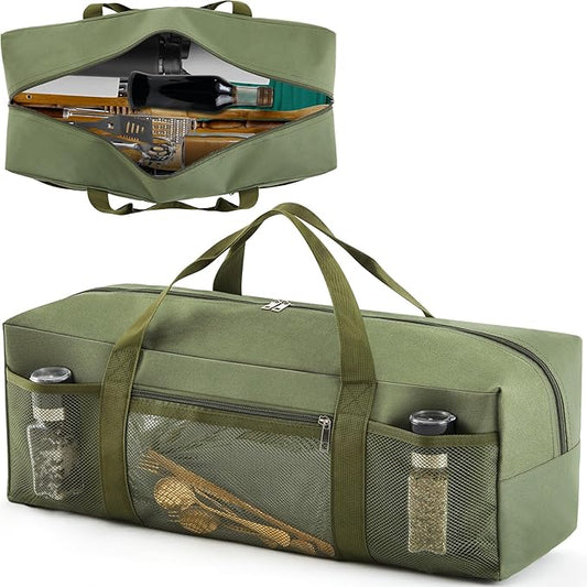 24" Grill Tool Storage Bag, Heavy Duty Waterproof BBQ Tools Bag, 24" x 8" x 8", Large Grill Utensil Storage Caddy with Pockets, BBQ Accessories for Outdoor Barbecue, Camping, Hiking(Green)
