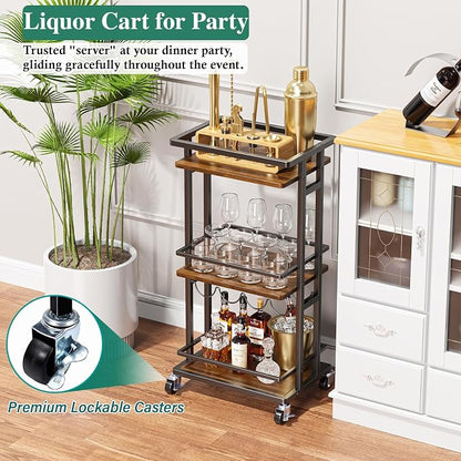 OKZEST 3-Tier Bar Cart for Home, Mini Rolling Liquor Cabinet & Serving Cart | Small alcohol coffee bar cart for party, Holds wine, liquor, beverage, glassware, shaker, coffee supplies, Rustic farmhouse