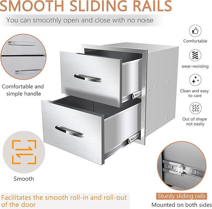 18''W x 15''H x 23''D Outdoor Kitchen Stainless Steel Flush Mount BBQ Double Access Drawers with Handles for Outdoor Kitchens or Patio Grill Station