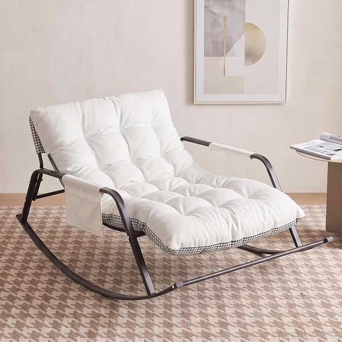 Rocking Papasan Chair, Leather Upholstered Lounge Chair, Beige | Extra-Wide Rocking Chair with Technical Leather Upholstery, Sturdy Frame and Smooth Glide for Indoor / Outdoor Scenes