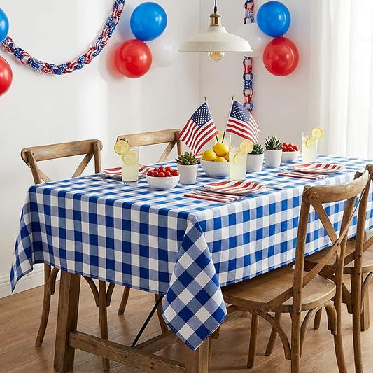 Blue Plaid Table Cloths Gingham Fabric: Independence Day Checkered Table Fabrics Overlays Patriotic 56x84 Inches Blue and White Picnic Desk Covers for Rectangle Table