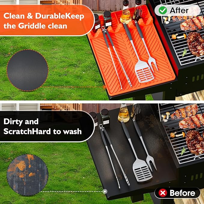 Silicone Griddle Tools Mat for Blackstone griddle accessories, Reusable grill accessories, Spatula Silicone Mat with Drip Pad for Outdoor Grill Side Shelves 16 * 11.5 inches （Orange)