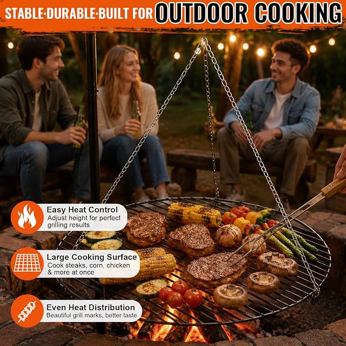 22" Fire Pit Campfire Grill Grate, Hanging Open Fire Cooking Grill Grate Portable Round Camping Cooking Barbecue Rack Heavy-Duty, Easy Setup & Adjustable Height for Outdoor Camping BBQ