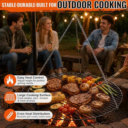 22" Fire Pit Campfire Grill Grate, Hanging Open Fire Cooking Grill Grate Portable Round Camping Cooking Barbecue Rack Heavy-Duty, Easy Setup & Adjustable Height for Outdoor Camping BBQ