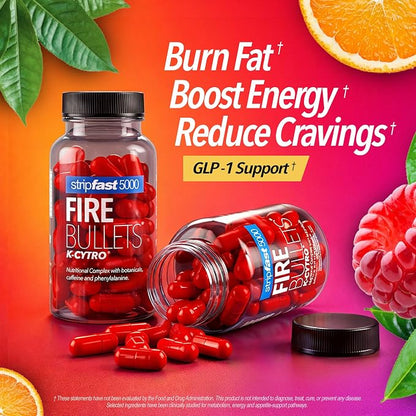 Fire Bullets Weight Loss Pills for Women & Men, Fat Burner GLP-1 Support, Appetite Suppressant, Diet Pills with Green Tea & Cayenne, 60 Capsules