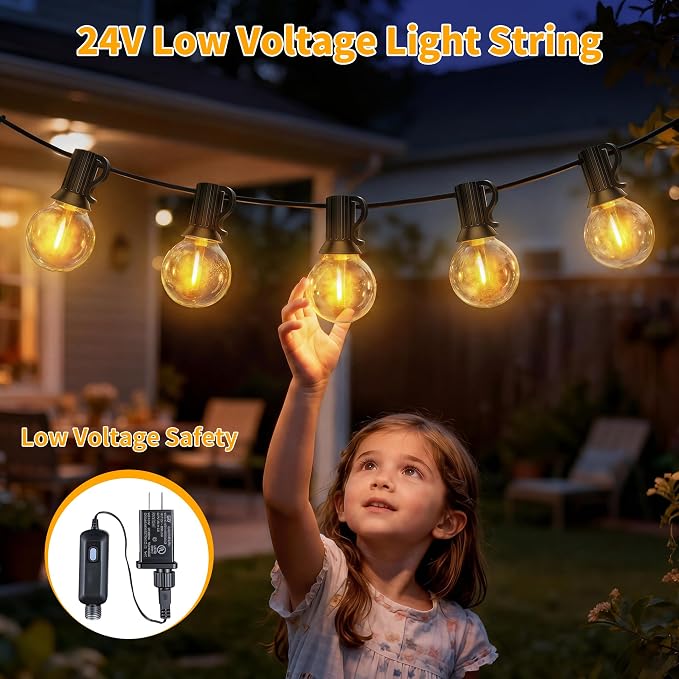 Ollny Outdoor String Lights with Remote, 50FT Plug in Patio Lights with Timer & 15 Shatterproof G40 Edison Bulbs, Waterproof Dimmable Outdoor Hanging Light for Porch, Backyard, Garden, 24V 2700K