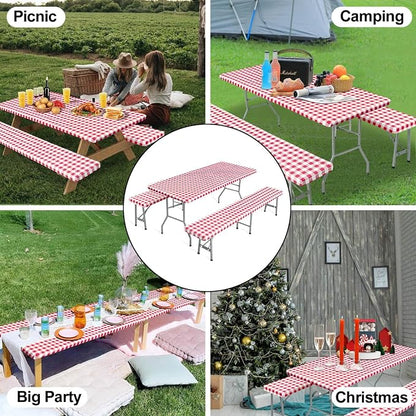 OutdoorLines Vinyl Fitted Picnic Table Cover with Bench Covers | Elastic Waterproof Camping Tablecloth for Picnic Table (Checkered Red 96x30 Inch, 3 Pcs)