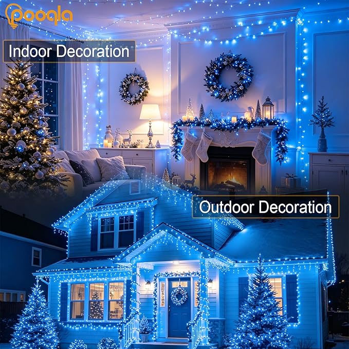 Pooqla Christmas Blue String Lights, 200 LED 66 ft Indoor and Outdoor Lights, 8 Modes Holiday Fairy Light for Xmas Tree Home Yard Patio Wedding Party, Christmas Decoration, Blue
