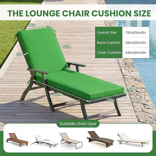 Chaise Lounge Cushions Outdoor, 72 x 21 Inch Water & Fade-Resistant Patio Furniture Lounge Cushion, Beach Umbrella Lounger Chair Replacement Cushion with Removable Cover Pad, Green