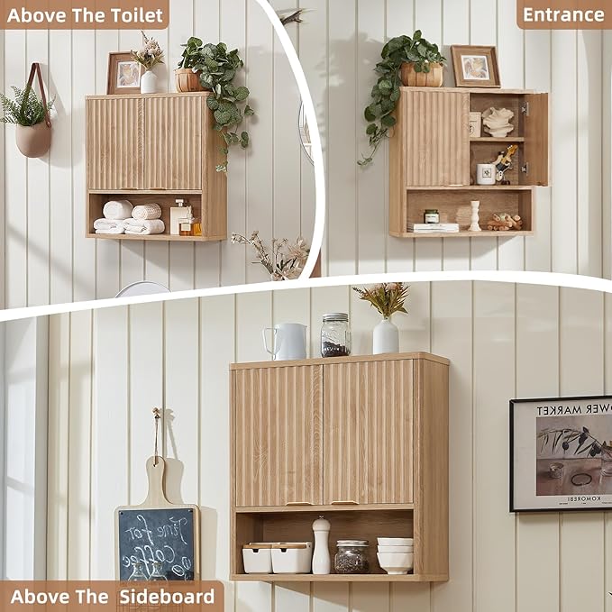 LEYAOYAO Fluted Bathroom Wall Cabinet, Wall-Mounted Medicine Cabinet with Adjustable Shelf & Doors, Farmhouse Floating Over the Toilet Storage Cabinets for Laundry Room, Kitchen, Living Room (Natural)
