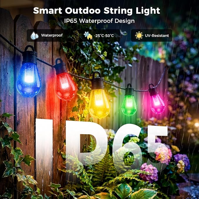 CDN Outdoor Smart RGBW String Light, LED Bulbs, 80Ft Patio Lights Waterproof IP65, App Control, Dimmable Warm White, 111 Scene Modes, Compatible with Alexa