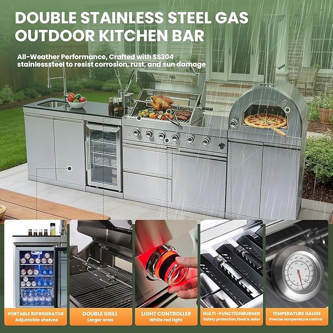 108,000 BTU Modular Outdoor Kitchen,125" Stainless Steel Propane Grill with Built-In Pizza Oven,Standalone Side Burner,Rotisserie,Refrigerator,Granite Countertop,Storage Drawers & Cabinets.