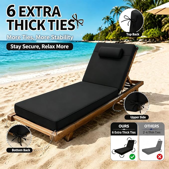Chaise Lounge Cushion for Outdoor Furniture, Waterproof, Fade-Resistant and Tear Resistant, Patio Lounger Pads with Removable Cover for Pool, Deck, Lawn, 72x21x4 Inch, Dark Gray