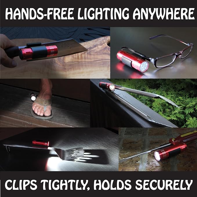 Clip-On LED Pocket Grill Light by BBQ Croc, 2-Pack, Hands-Free Mini Flashlight with Clip, Ultra-Bright 9 LED, Snaps to Hats Tools Shoes & More, Batteries Included