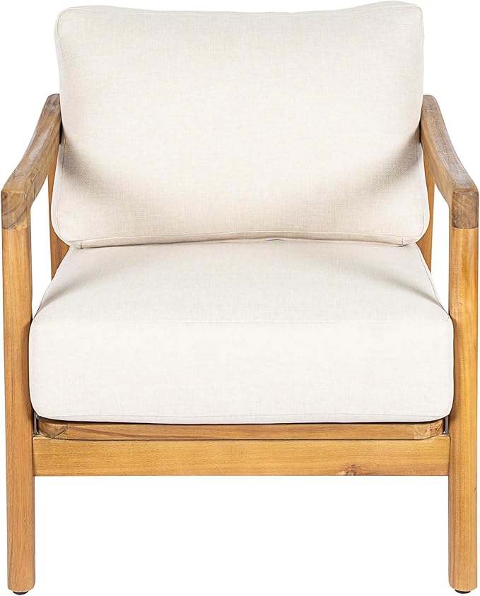 Christopher Knight Home Seward Acacia Wood Lounge Chair Outdoor with Removable Cushion, Solid Wood Patio Accent Chair with Rope Backrest, Patio Outdoor Armchair, Teak+Beige