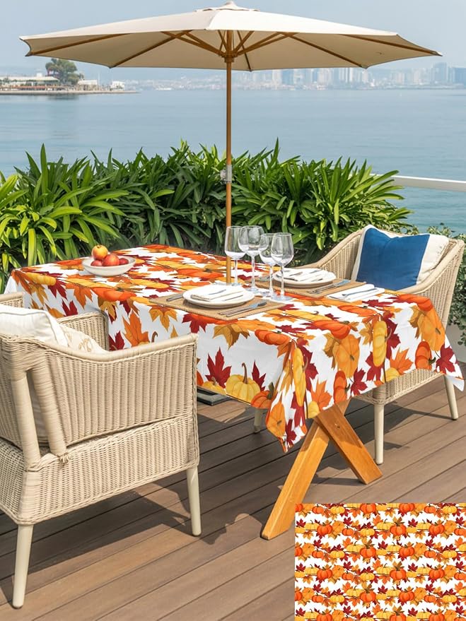 Fall Tablecloth with Umbrella Hole and Zipper Fall Leaves Pumpkin Rectangle Outdoor Tablecloths 60x102 Outside Table Cloths Autumn Harvest Patio Table Cover for Fall Thanksgiving Outdoor Picnic Garden