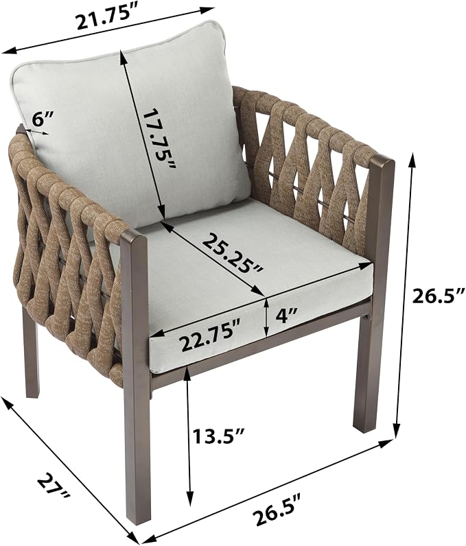 Christopher Knight Home Lena Patio Club Chairs Set of 2, Metal Accent Chairs, Rope Woven Backrest Armchair, Upholstered Cushions Seating, Tub Back Design for Backyard Garden, Brown+Light Gray