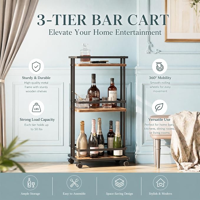 3-Tier Bar Cart with Wheels & Storage Shelves for Home Kitchen | Beverage Serving Cart, Doubles as Coffee Bar Cabinet, Sturdy 3-Tier Frame, Smooth Rolling Wheels, Ideal for Home