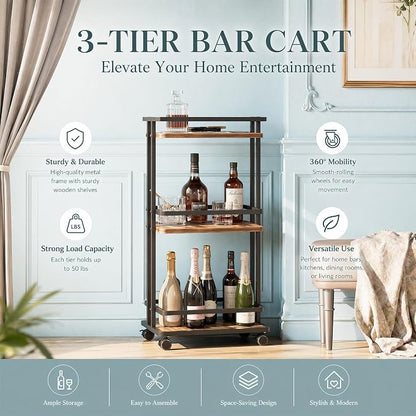 3-Tier Bar Cart with Wheels & Storage Shelves for Home Kitchen | Beverage Serving Cart, Doubles as Coffee Bar Cabinet, Sturdy 3-Tier Frame, Smooth Rolling Wheels, Ideal for Home