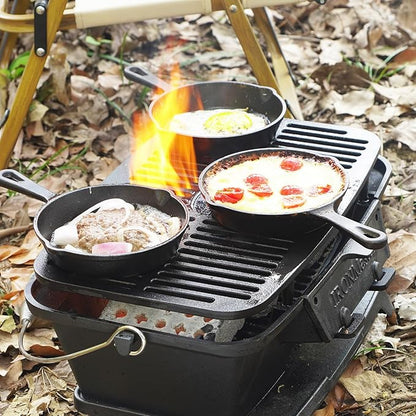 IRONMAX Large Hibachi Grill Outdoor, Portable Charcoal Grill and Tabletop Cast Iron Skillet, 100% Cast Iron, Durable, Camping Grill Grate 16.5" x 10.2" - Coal Door, Draft door