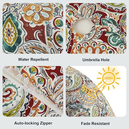 LVTXIII Round Outdoor Tablecloth with Umbrella Hole and Zipper, Water-Repellent 60 Inch Patio Table Cover for Bistro, Garden, Patio & Picnic, Vibrant Paisley