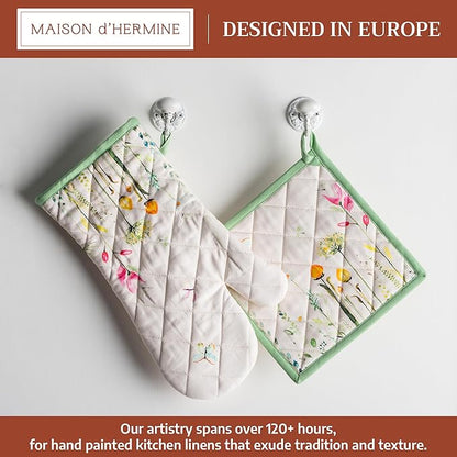 Maison d' Hermine 100% Cotton Oven Mitt & Pot Holder Set (7.5"x13" & 8"x8") Heat Resistant BBQ Cooking Gloves with Loop Baking Grilling Kitchen Hotel Home Farmhouse Spring Summer (Botanical Fresh)