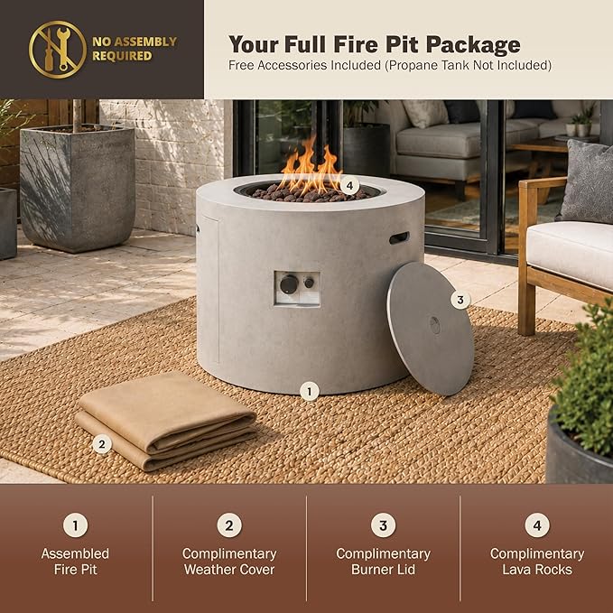 Kinger Home Loren 32-Inch Round Propane Fire Pit Table, Alloy Steel Outdoor Fire Pit with 50,000 BTUs, Includes a Burner lid, Lava Rocks and Weather Cover