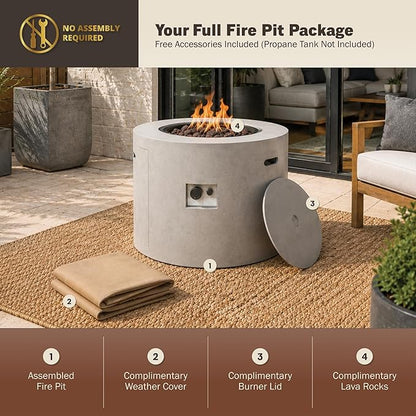 Kinger Home Loren 32-Inch Round Propane Fire Pit Table, Alloy Steel Outdoor Fire Pit with 50,000 BTUs, Includes a Burner lid, Lava Rocks and Weather Cover