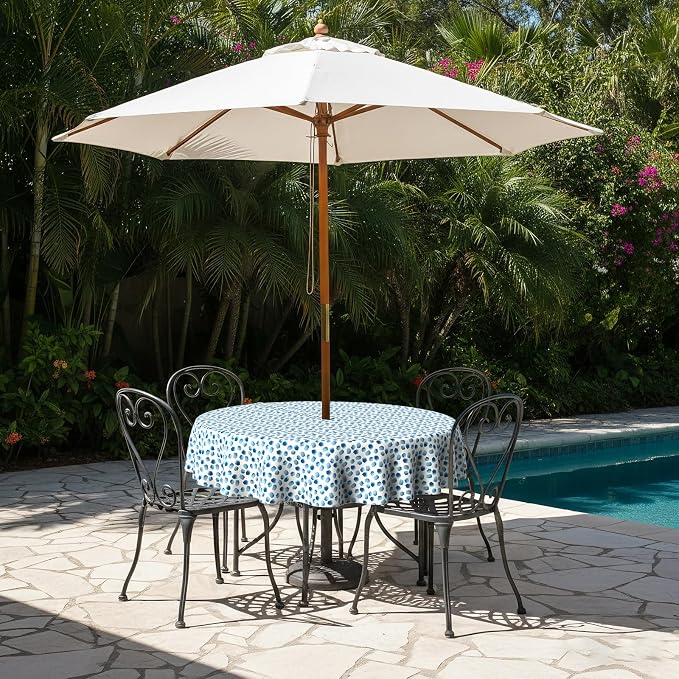 LVTXIII Round Outdoor Tablecloth with Umbrella Hole and Zipper, Water-Repellent 60 Inch Patio Table Cover for Bistro, Garden, Patio & Picnic, Brush Blue
