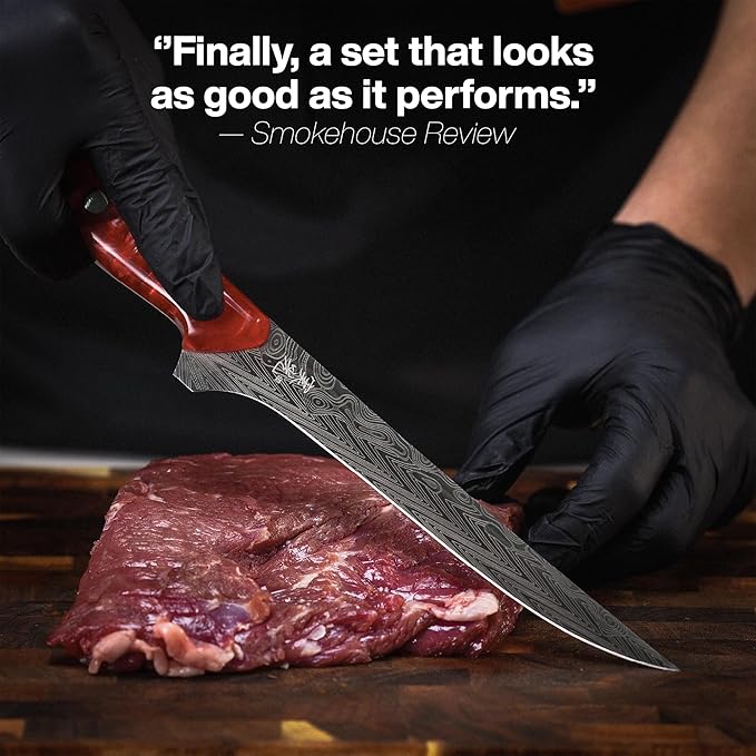 Jikko® SteelFang Edition – Japanese Brisket & Fillet Knife Set with Olive Wood & Red Epoxy Resin Handles | Premium Butcher & Carving Knives for Meat, BBQ & Fish – Ultra Sharp Stainless Steel Blades