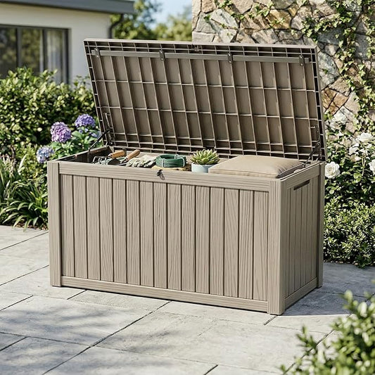 190 Gallon Large Outdoor Storage Box Waterproof, UV Resistant Resin Deck Box with Hydraulic Rod & Lockable Latch for Patio Furniture, Outside Storage Box for Garden Tools, Patio Cushions, Gray