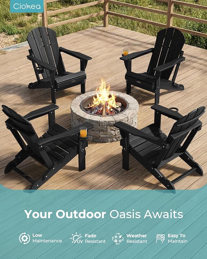 Ciokea Folding Adirondack Chair Wood Texture 2 Pack, Patio Adirondack Chair Weather Resistant, Plastic Fire Pit Chair with Cup Holder, Lawn Chair for Outdoor Porch Garden Backyard Deck (Black)