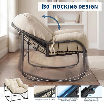 2 PCS Outdoor Rocking Chair, Papasan Rocking Chair with Thick Cushion, Comfy Wicker Reading Lounge, Indoor Bed-Like for Bedroom,Balcony, Porch, Garden, Beige