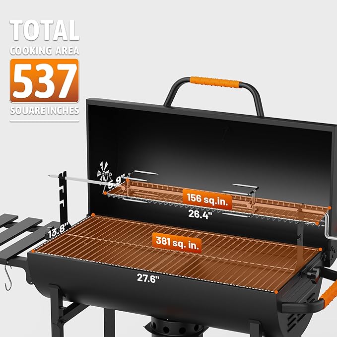 KEYO GRILL 29-Inch Barrel Charcoal Grill, Heavy duty BBQ Grill with Manual Rotisserie Meat Fork, Detachable Windproof Ash Collector Barbecue Smoker Grill Combo for Backyard, Patio and Parties ﻿