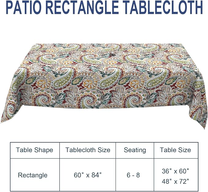 Outdoor Rectangle Tablecloth, 60×84 Inch Water Repellent Picnic Table Cover with Umbrella Hole Zipper for Patio Family Meal, Paisley Chilli